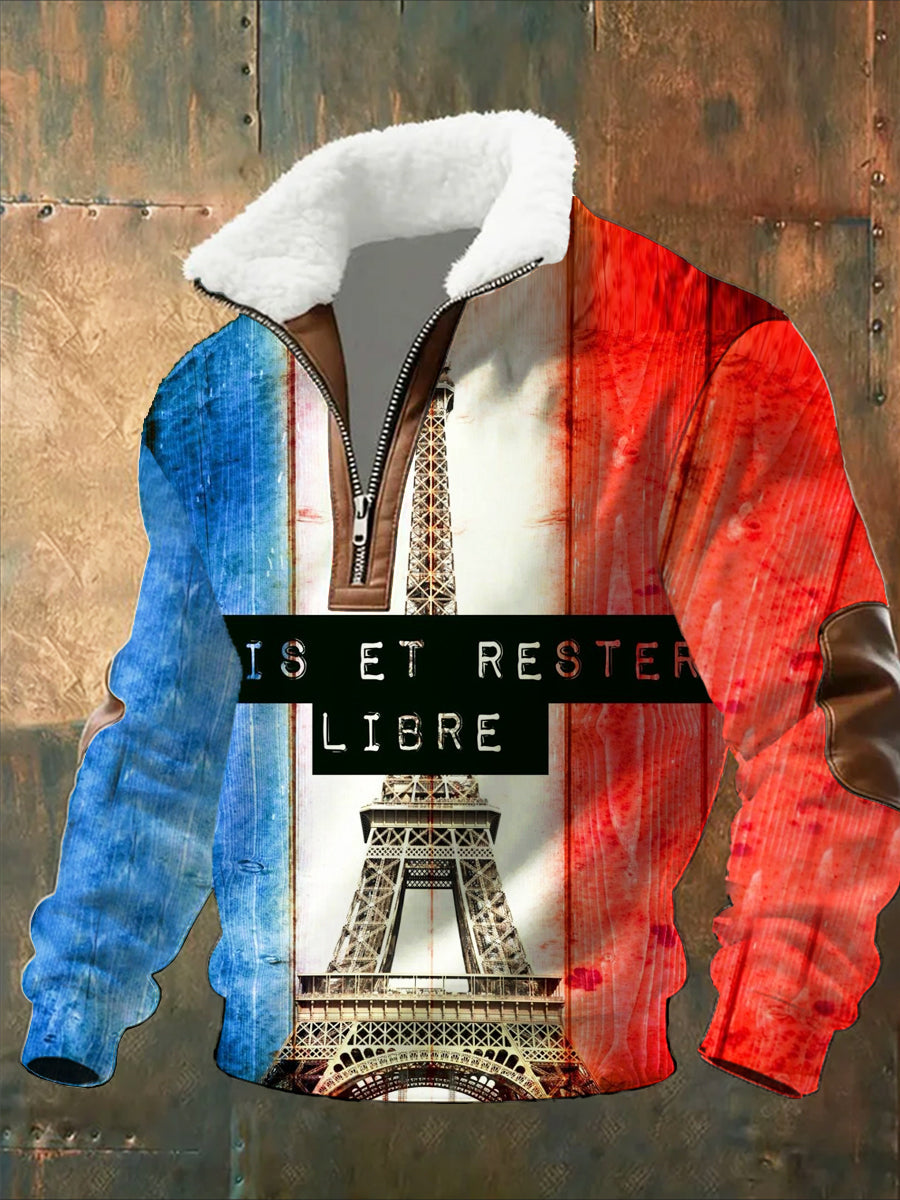 Pánské vintage vytištěné neformální polopískací mikina s obojkem fleecu