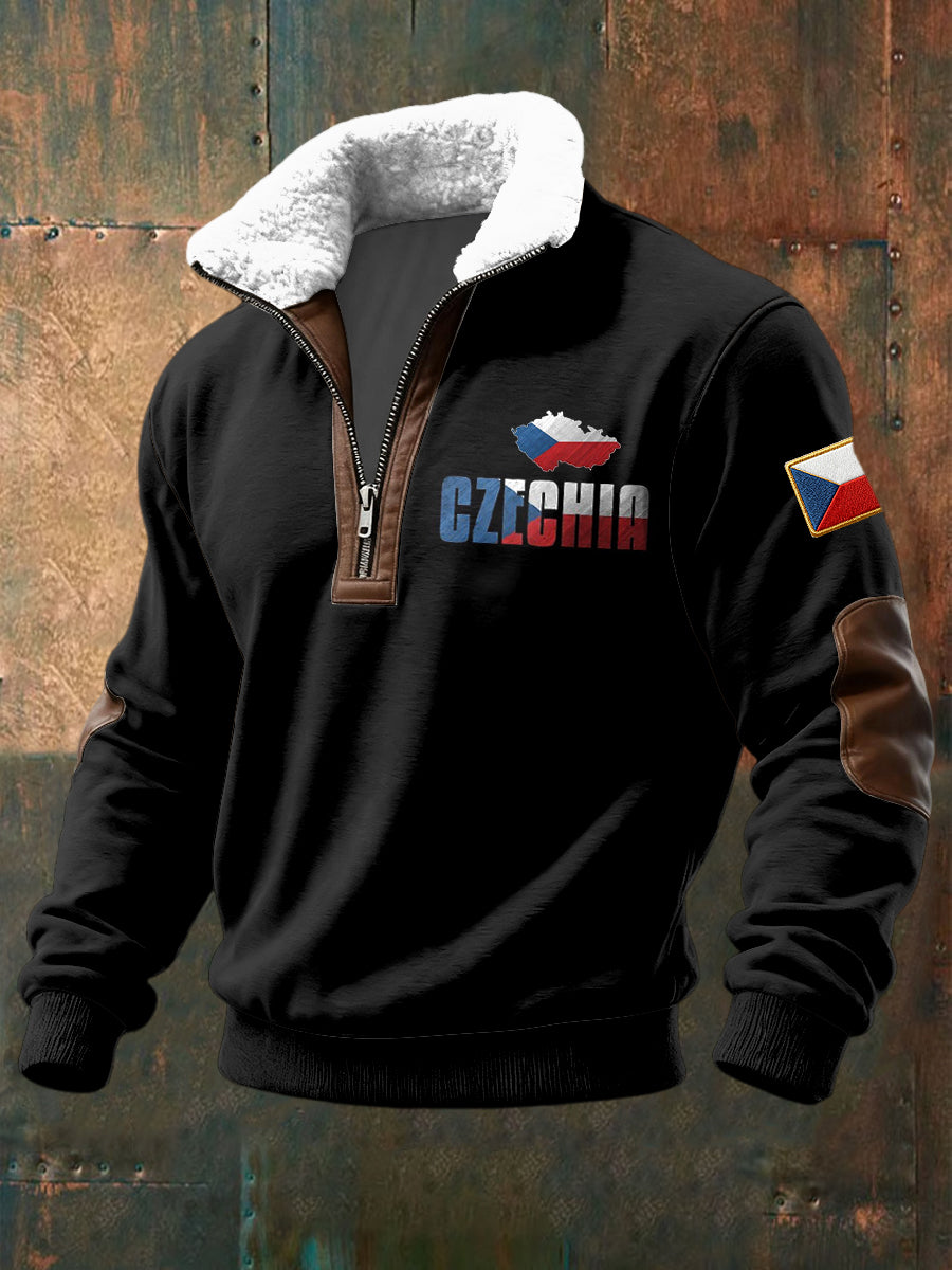 Retro flag art casual shearling zipper pullover