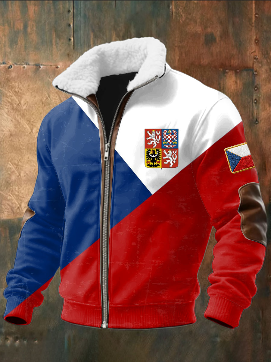 Retro vlajka geometrické patchwork shearling zipper bunda