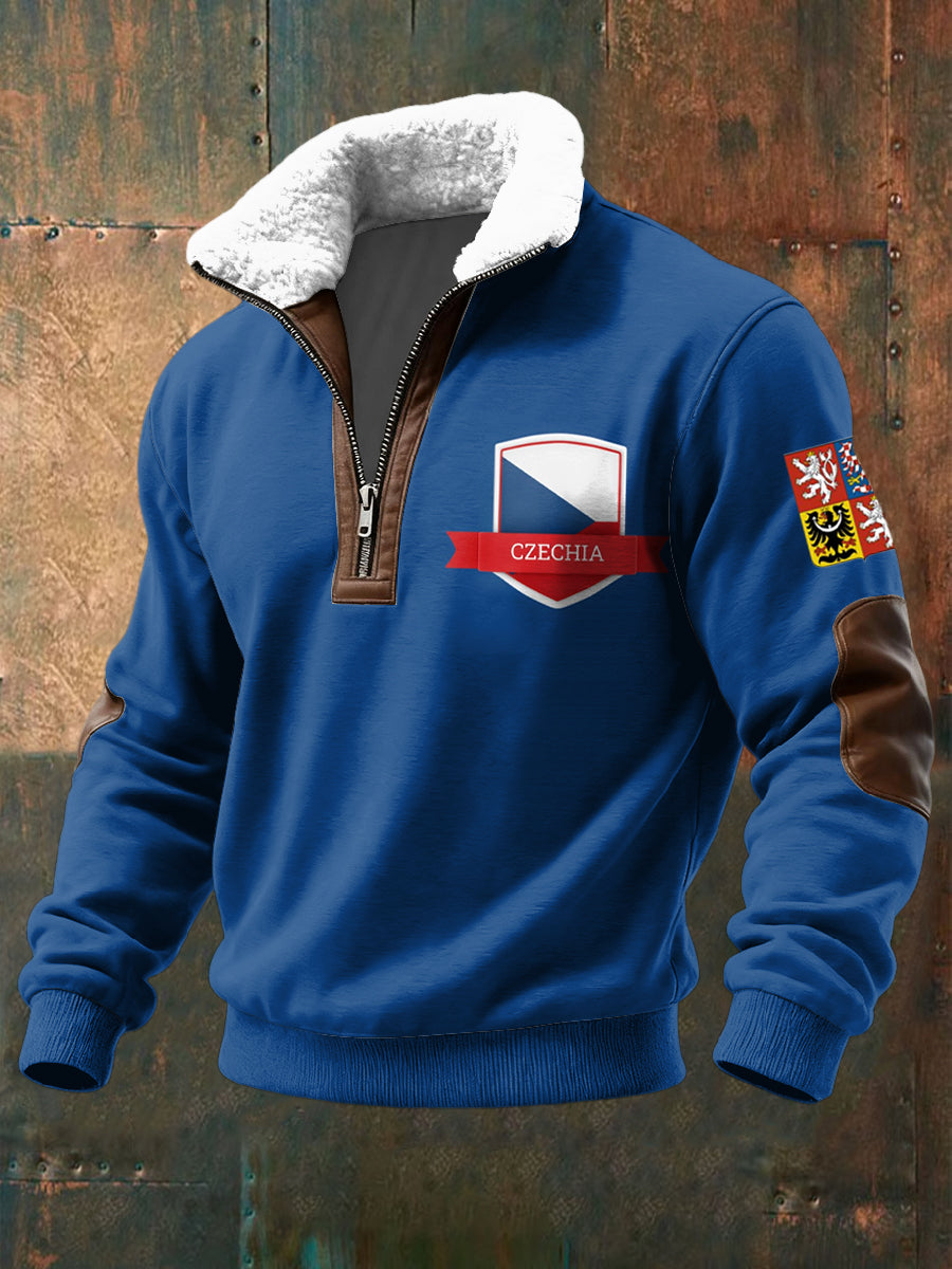 Retro česká vlajka emblém lambswool zips pulóver