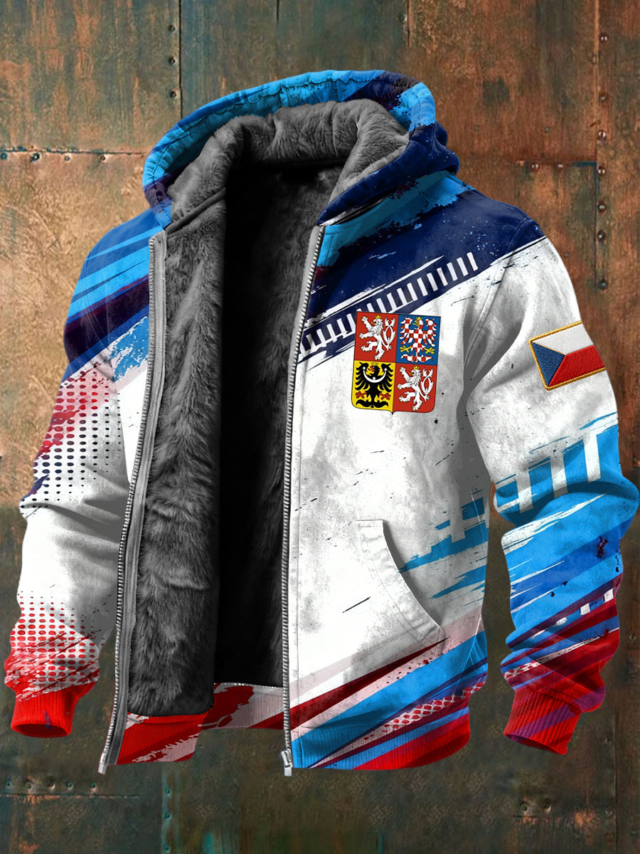 Retrostyl barevné české odznak fleecelemované kabát s kapucinou
