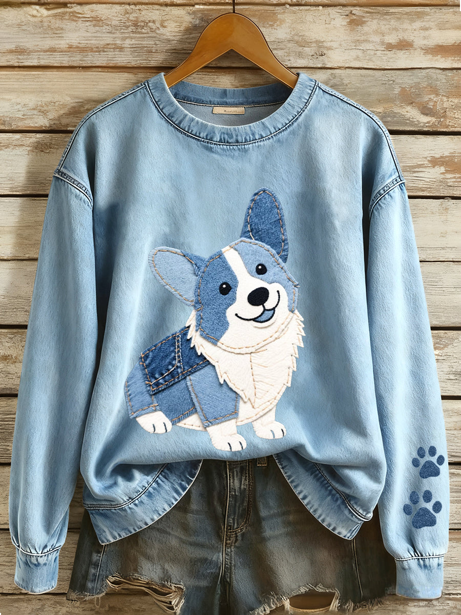 Dámské denim patchwork umění corgi vzor mikina