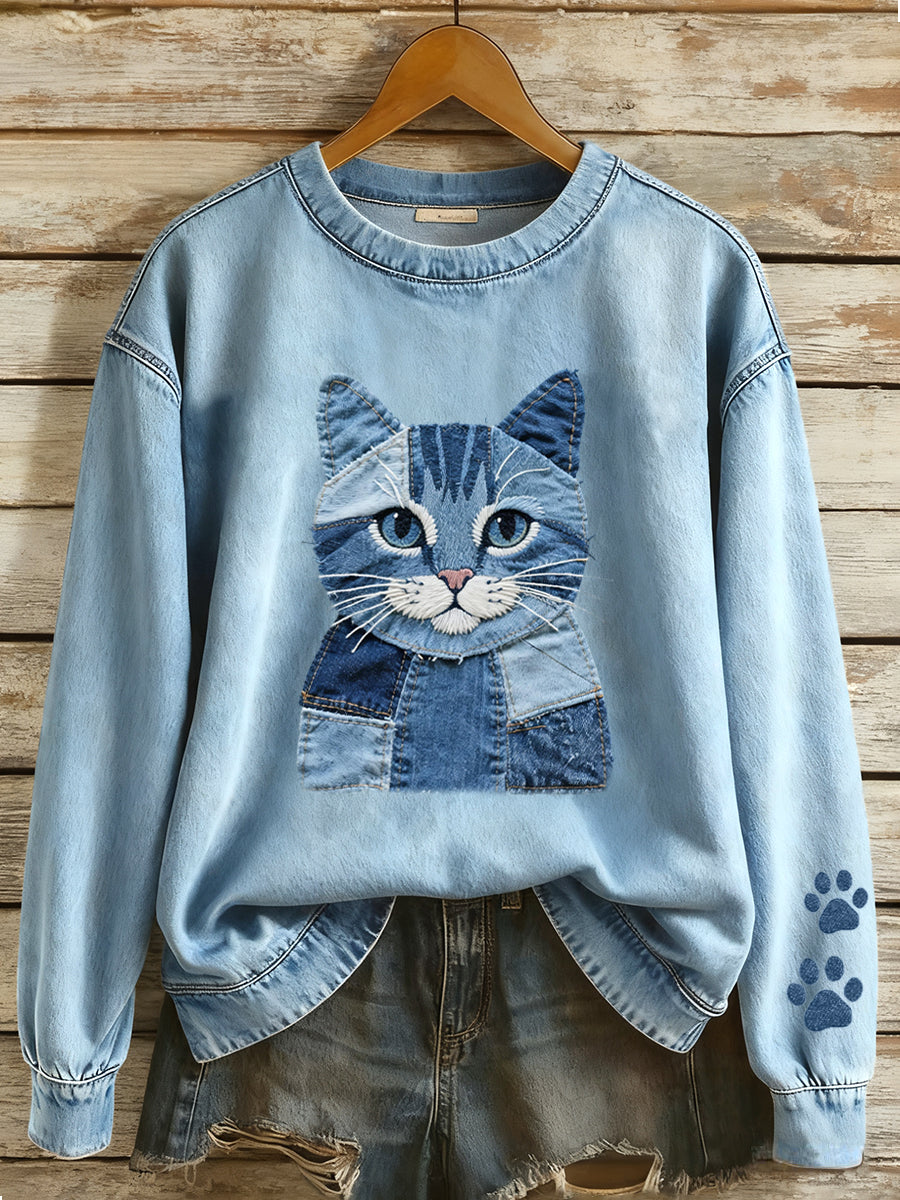 Dámské denim patchwork art cat pattern sweatshirt