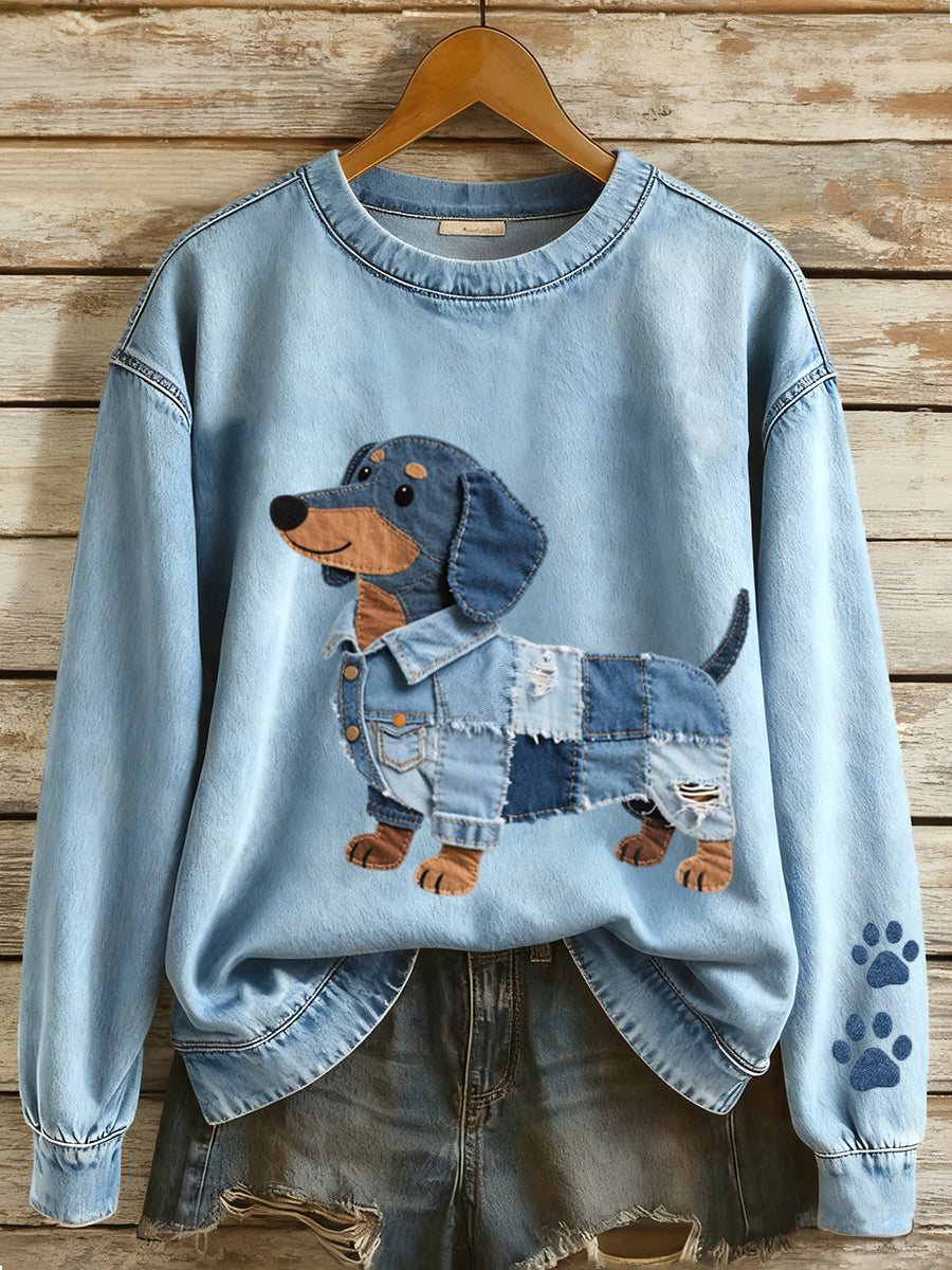 Dámské džínsové patchwork umění dachshund pes vzor mikina