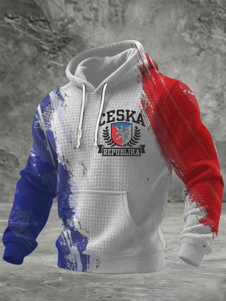 Men bold "česka republika" print goffle knitted hoodie