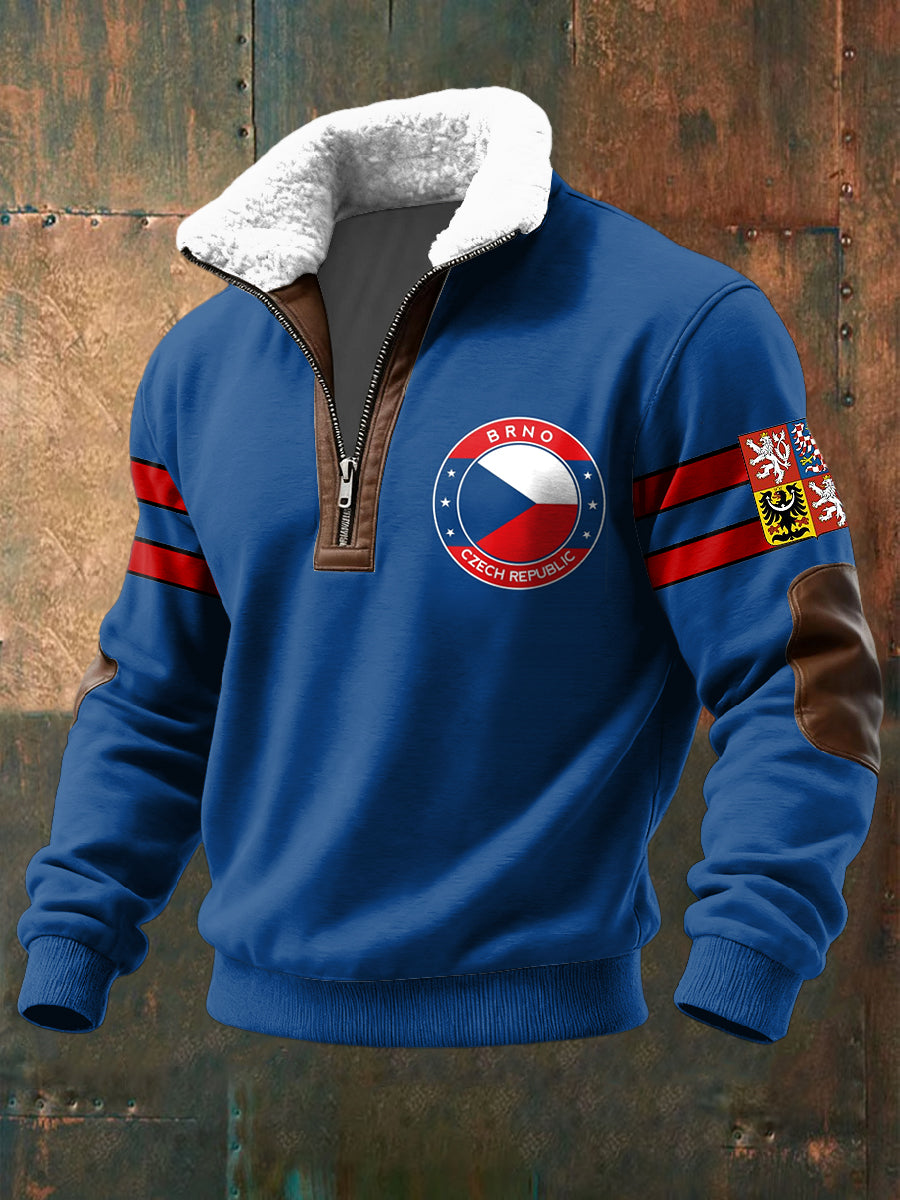 Retro česká vlajka emblém lambswool zips pulóver