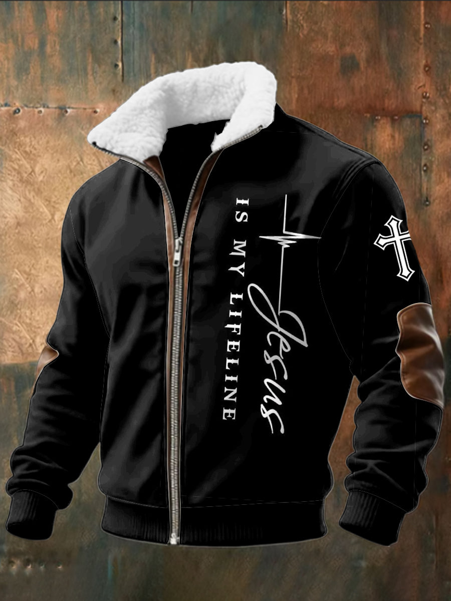 Retro jesus is my lifeline shearlinglined zipper jacket