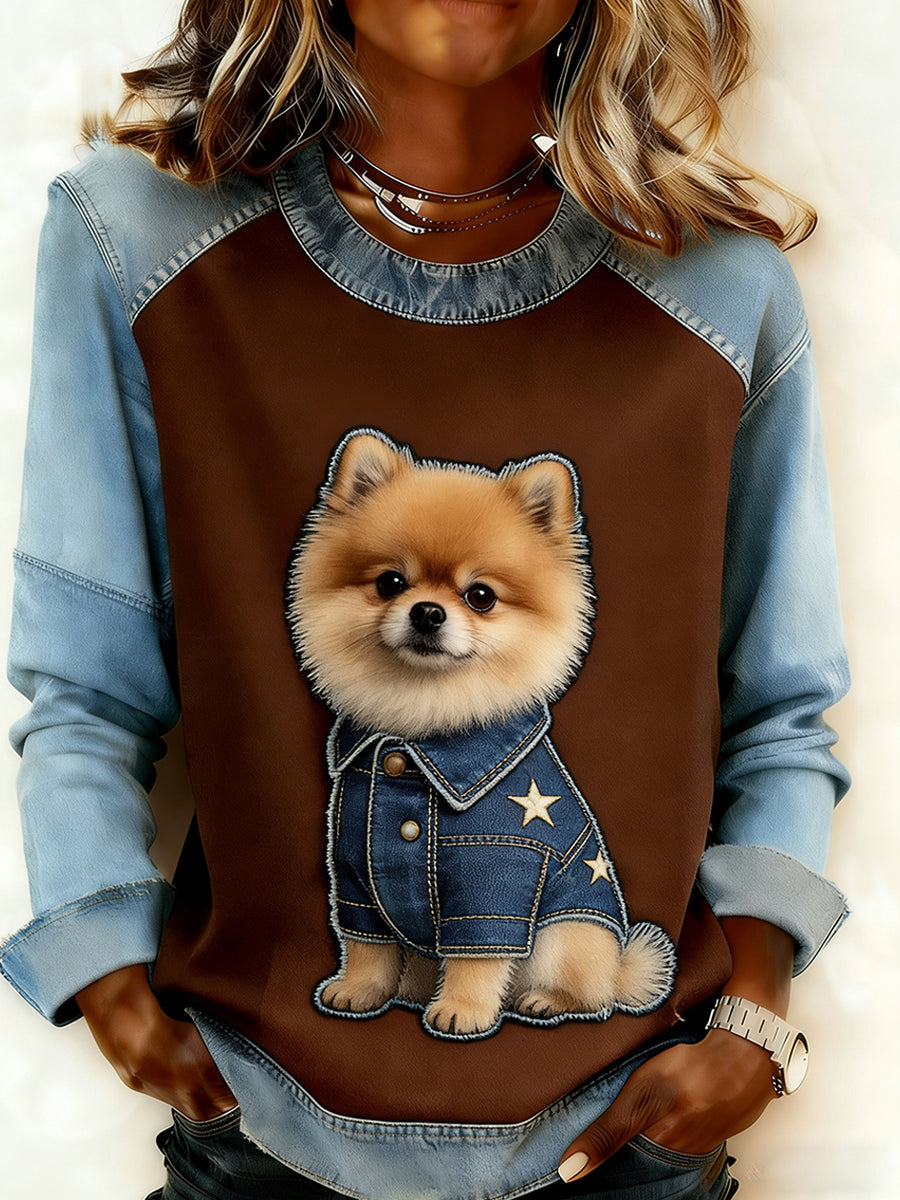 Dámské retro zvířecí umění tisk pohodlné džínsové mikiny patchwork sweatshirt