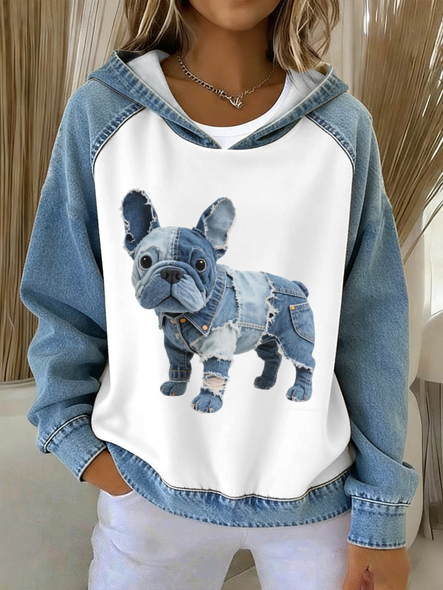 Dámské krásné francouzské buldog vzor denim patchwork hoodie