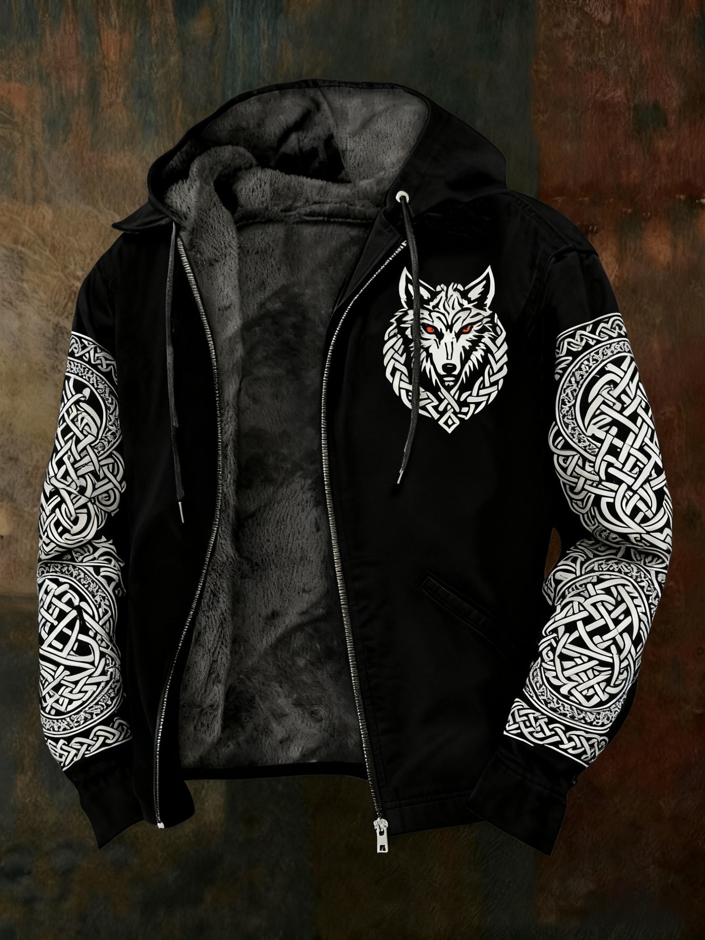 Pánské retro viking celtic wolf patchwork vytištěné s dlouhými rukávy s kapucnou bundou