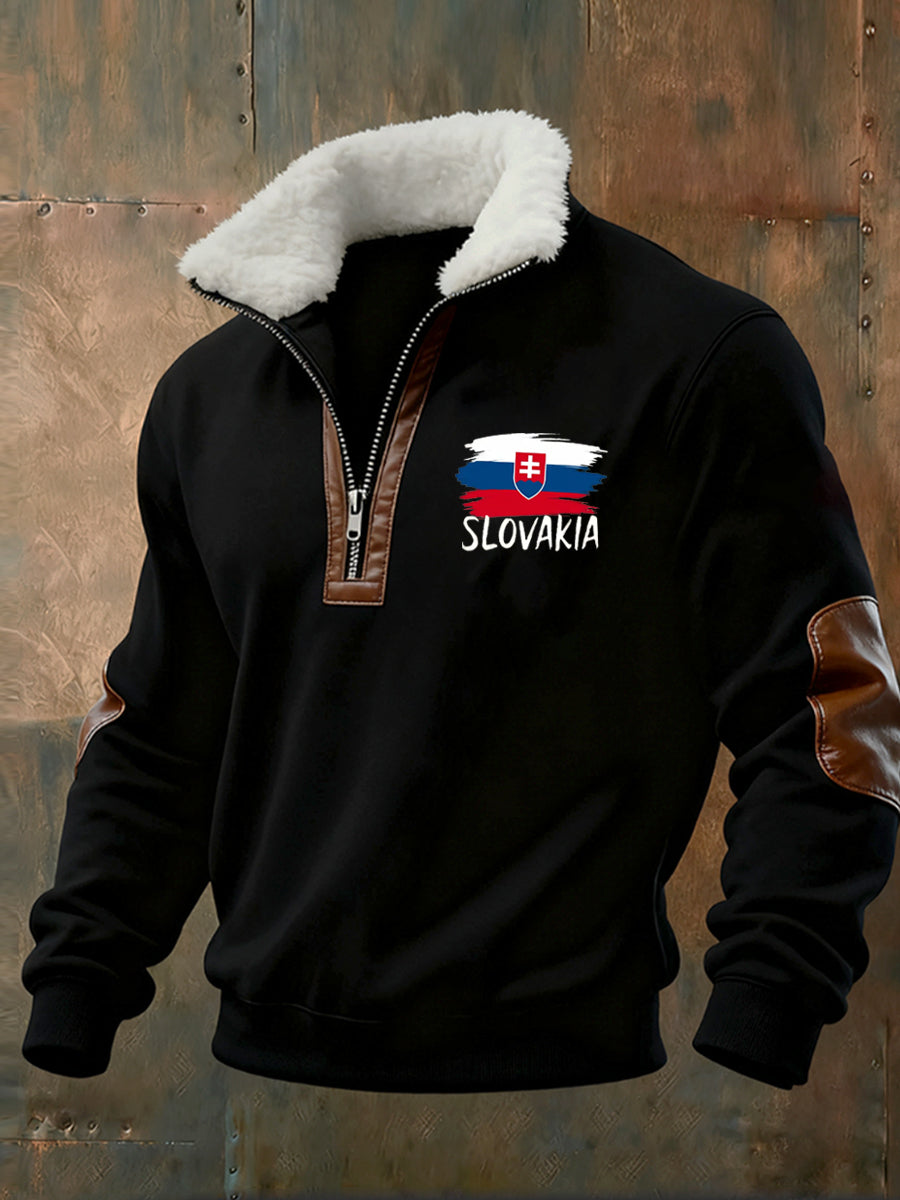 Pánské vintage vytištěné neformální polopískací mikina s obojkem fleecu