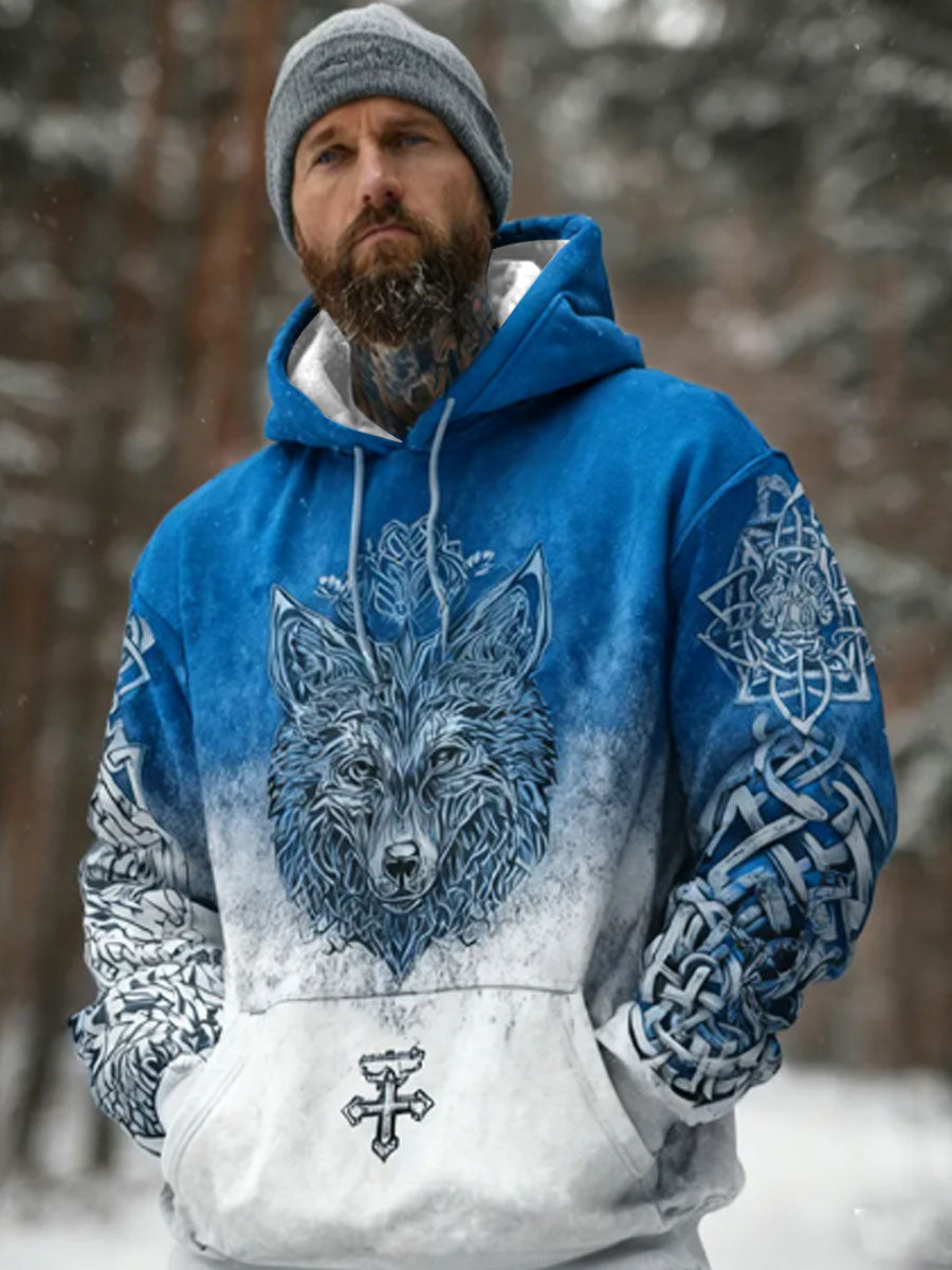 Pánské vintage vikingský styl sníh vlk tisk pánské mikina s kapucinou