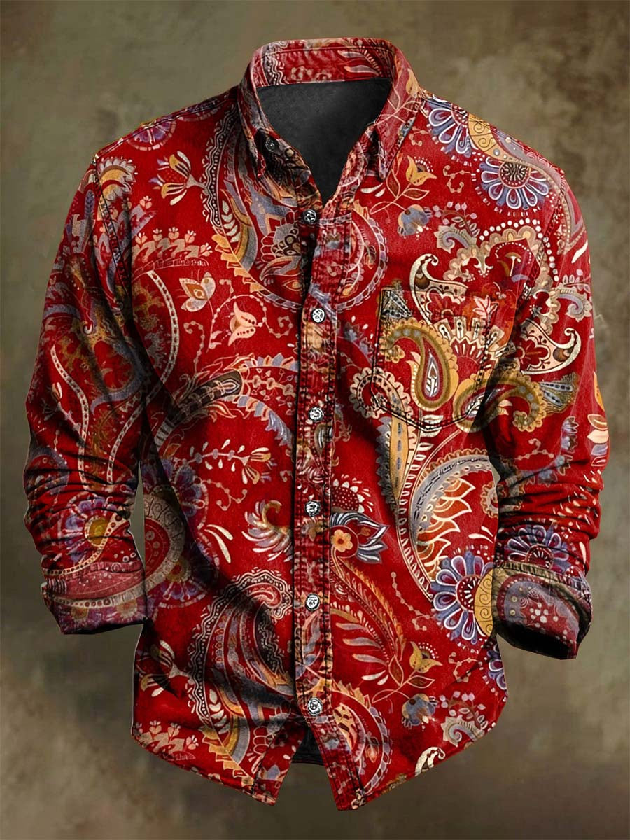 Retro paisley floral print casual s dlouhými rukávy