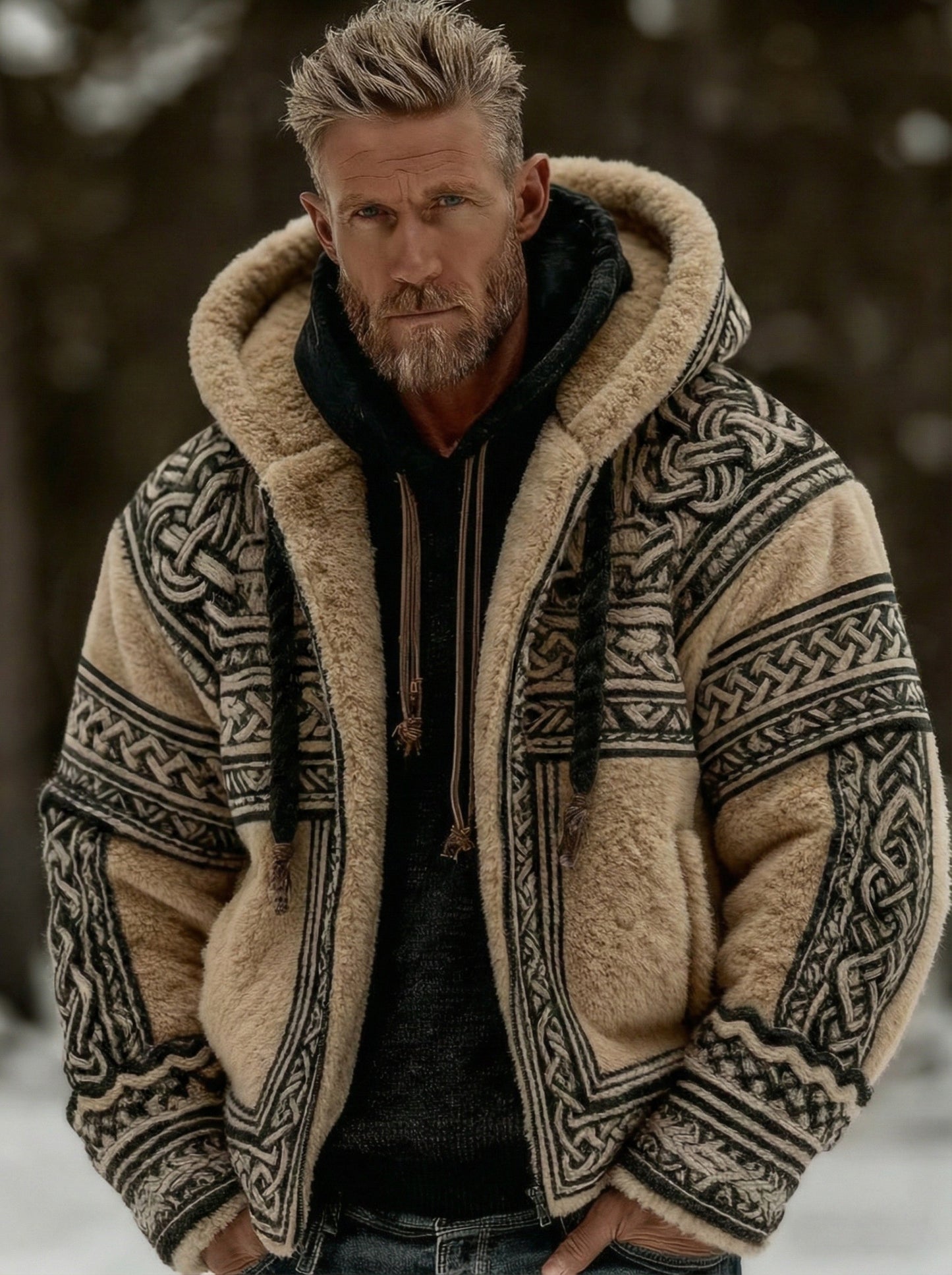 Pánské vintage vikingské keltské uzel flanel zips s kapucinou bunda