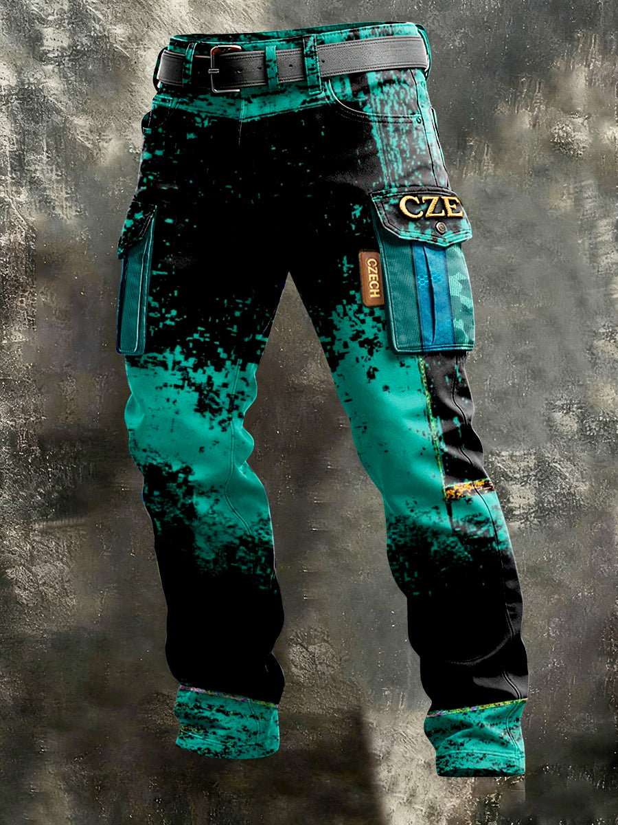 Pánské české graffiti patchwork print pracovní kalhoty