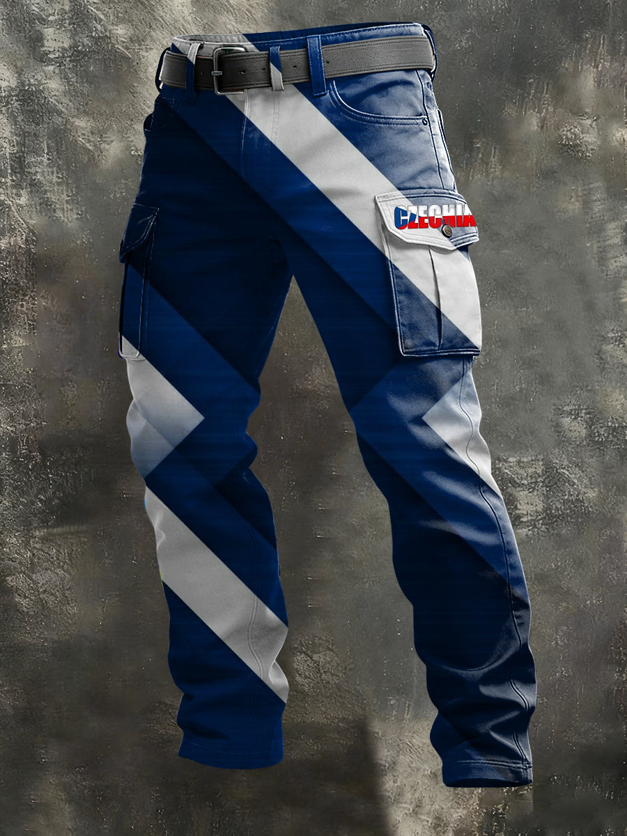 Pánské vibrant modrobílé české vlajky vzor nákladní kalhoty