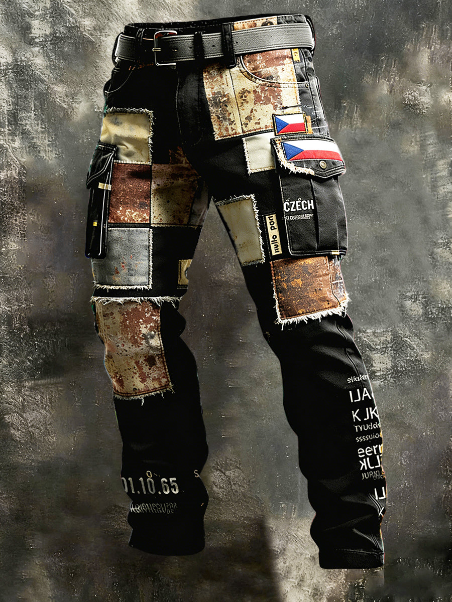 Pánské české vintage patchwork print pracovní kalhoty