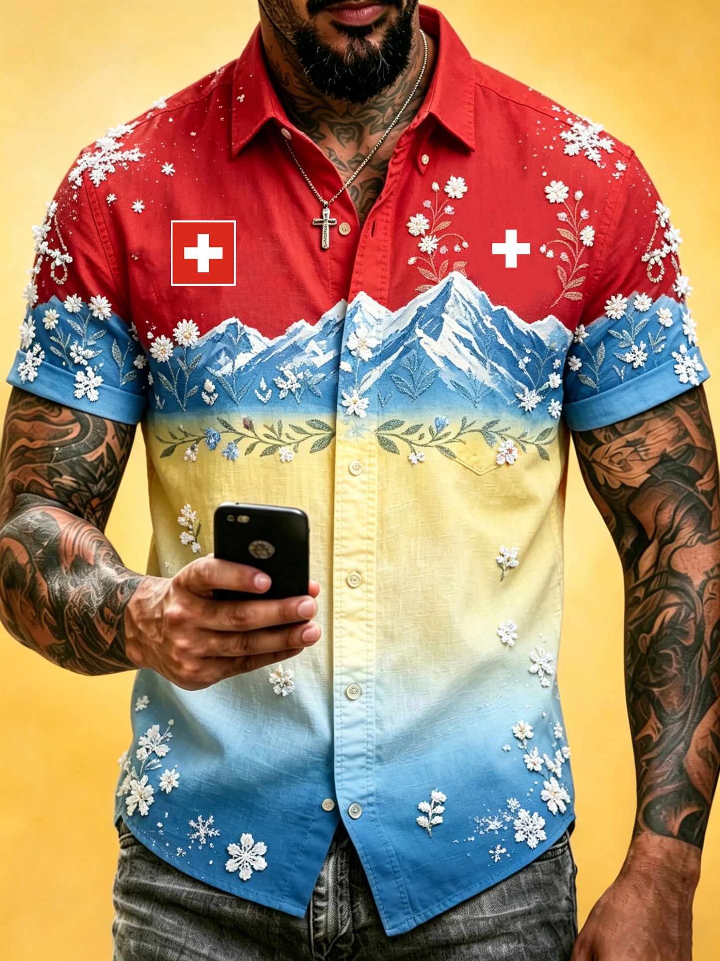 Herren-Hemd mit kurzen Ärmeln und künstlerischem Print im Stil der Schweizer Alpen
