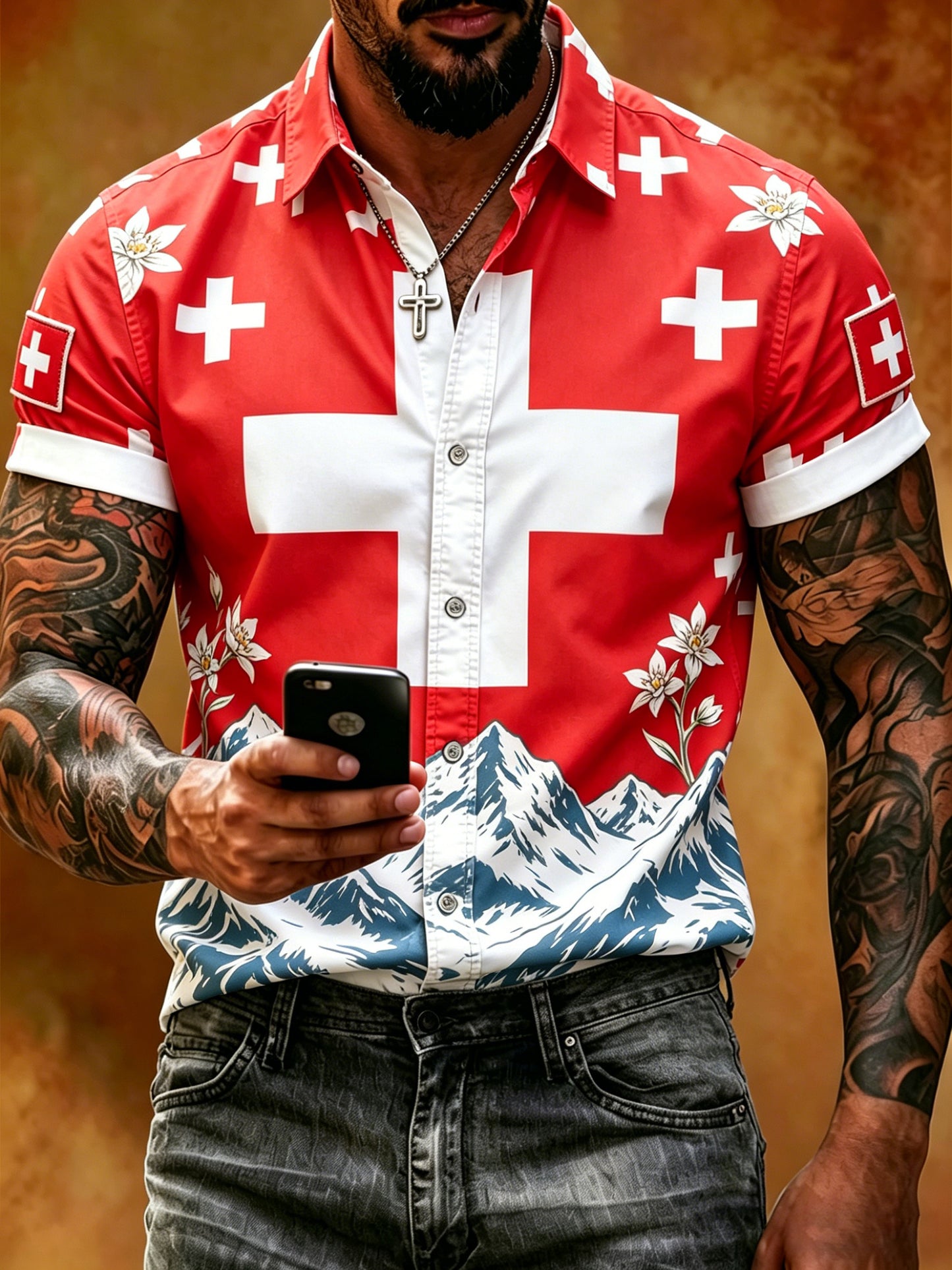 Herren-Hemd mit kurzen Ärmeln und künstlerischem Print im Stil der Schweizer Alpen