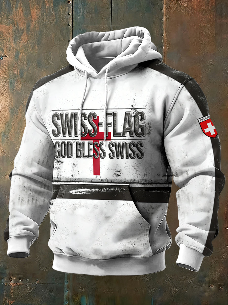 Bedrucktes Kapuzen-Sweatshirt mit Schweizer Schriftzug für Männer