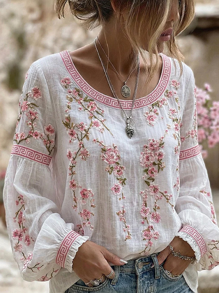 Damen-Vintage-Style-lässiges Baumwoll-Leinen-Top mit gestickten Blumen und bedruckten Patchwork