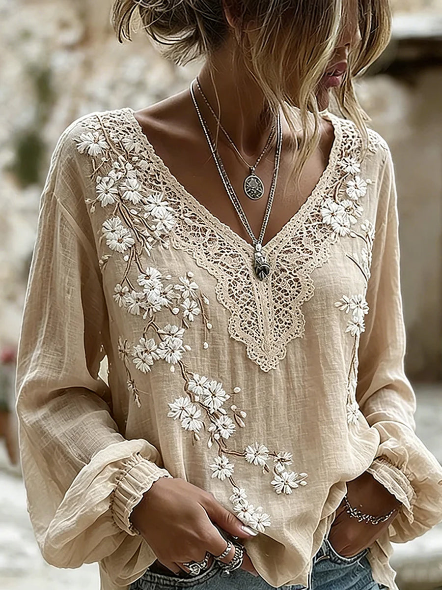 Damen-Top im Vintage-Stil aus Baumwolle und Leinen, lässig, mit gestickten Blumen und bedrucktem Patchwork-Design