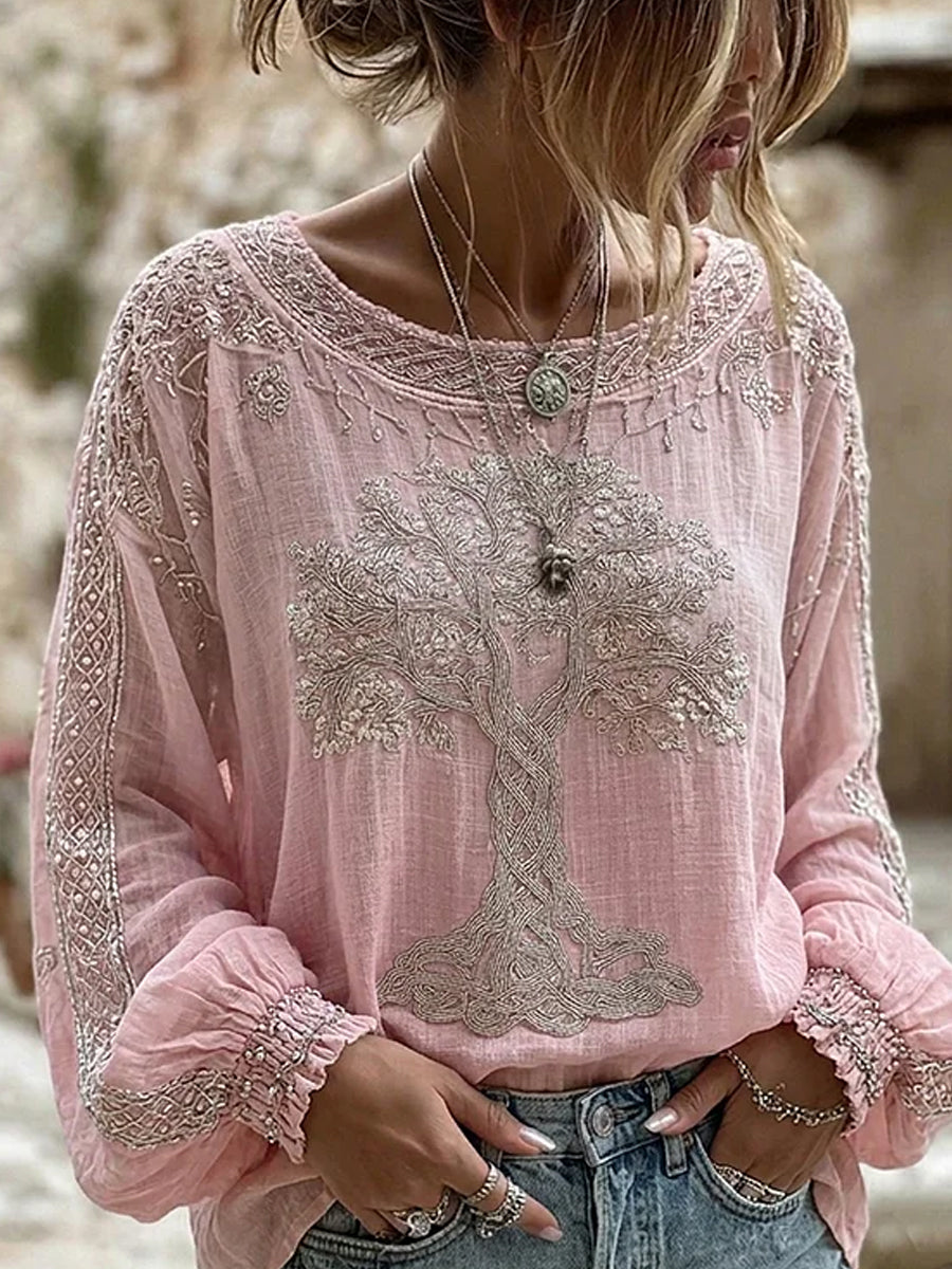 Damen-Top im Vintage-Stil mit floraler Kunstprint-Optik, aus Baumwolle und Leinen, lässig
