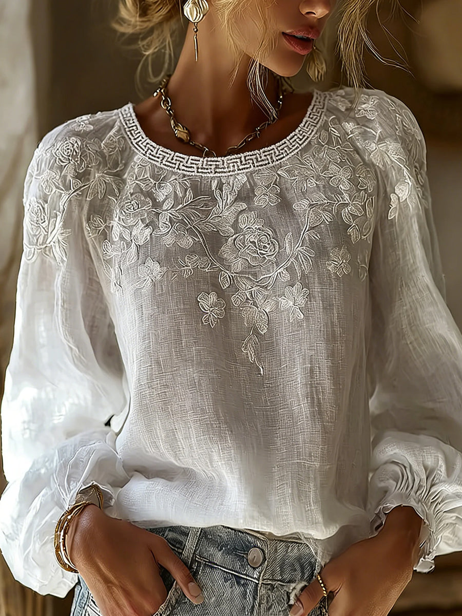 Damen-Top im Vintage-Stil aus Baumwolle und Leinen, lässig, mit gestickten Blumen und bedrucktem Patchwork-Design