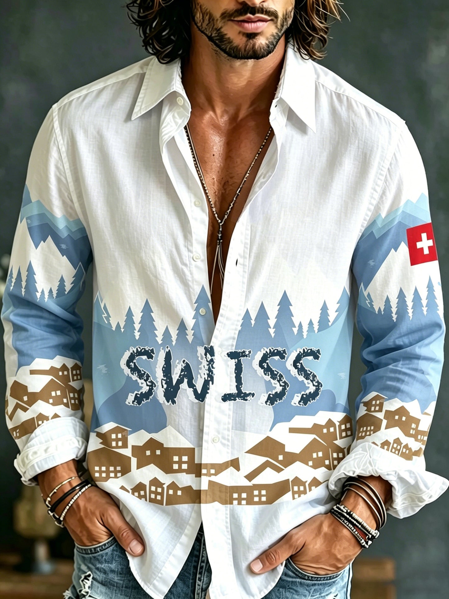 Herren-Schweizer Rot-Weiß-Kunstdruck-Langarm-Casual-Hemd