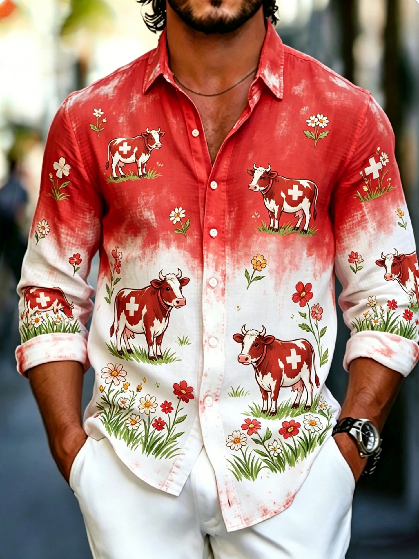 Herren-Artprint-Shirt mit langen Ärmeln und Schweizer Landschaftsdesign