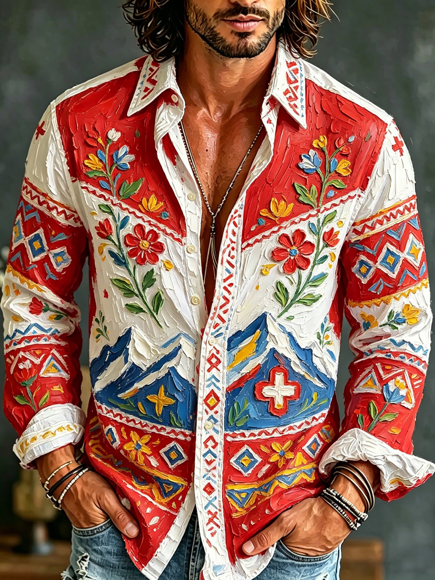 Herren-Artprint-Shirt mit langen Ärmeln und Schweizer Landschaftsdesign