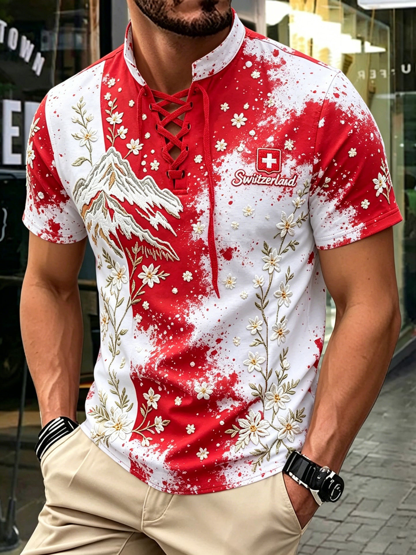 Herren-Shortsleeve-Top mit Schweizer Edelweiß-Muster-Print