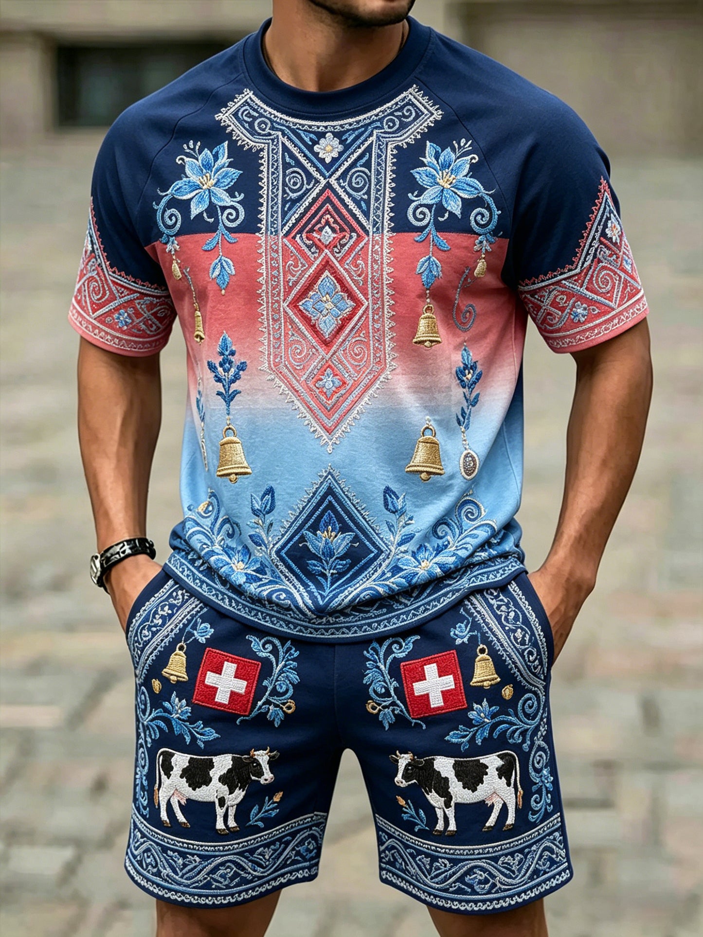Herrenanzug im Landhausstil aus Schweizer Baumwolle und Leinen mit Kunstprint, kurze Ärmel