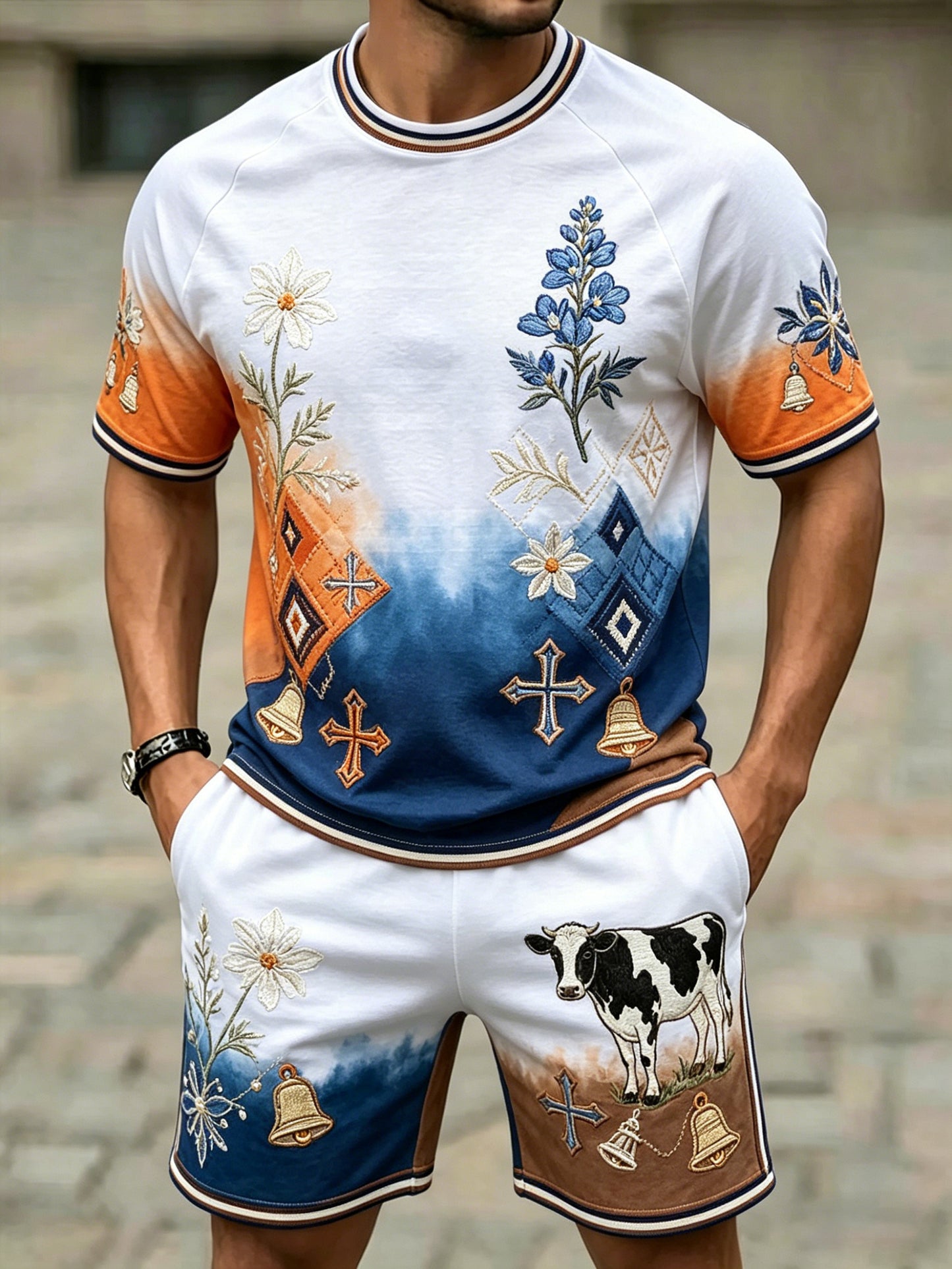 Herren-Kurzarm-Anzug aus Baumwolle und Leinen im Country-Stil