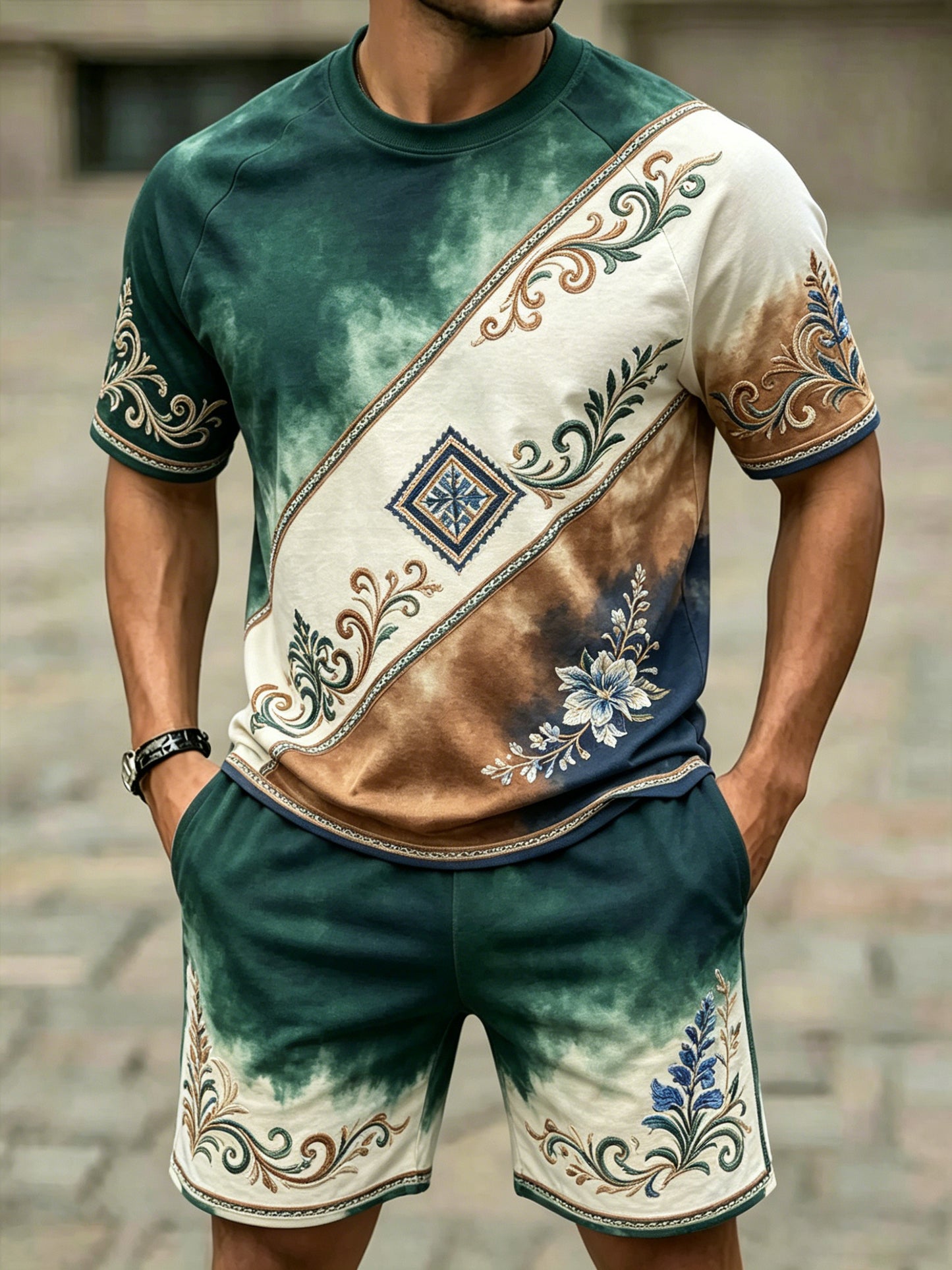 Herrenanzug im Landhausstil aus Schweizer Baumwolle und Leinen mit Kunstprint, kurze Ärmel