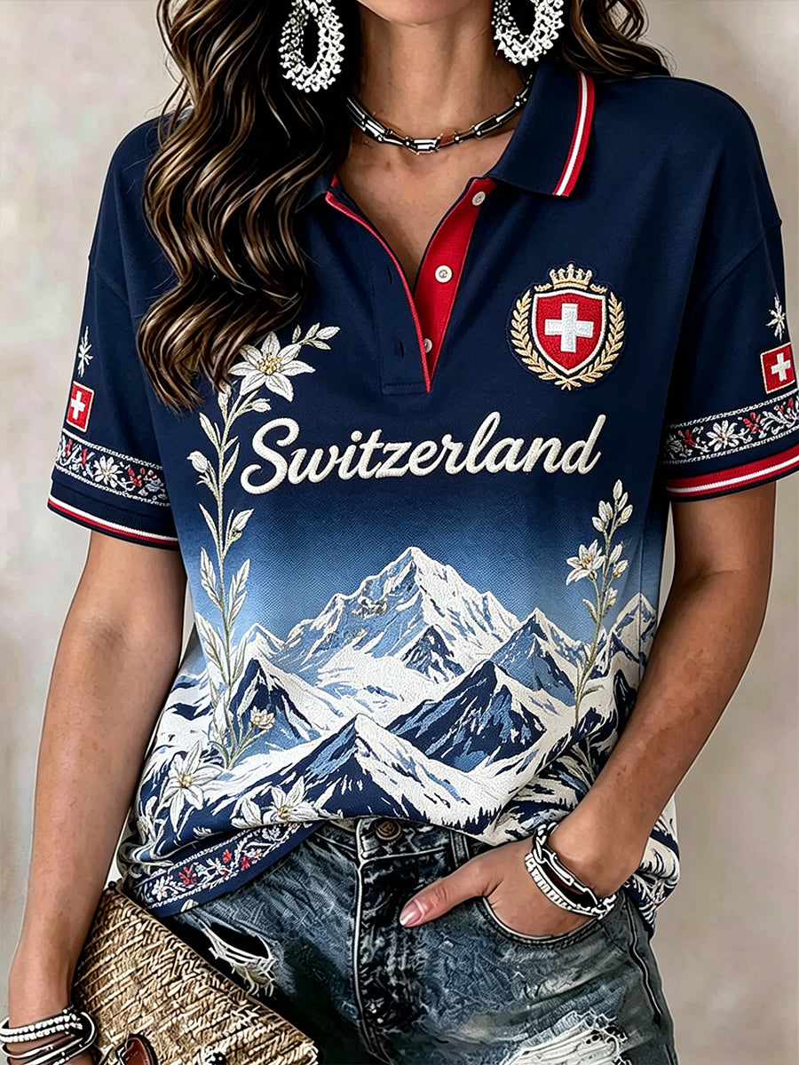 Damen-Polo mit kurzen Ärmeln, Berg- und Blumenmuster