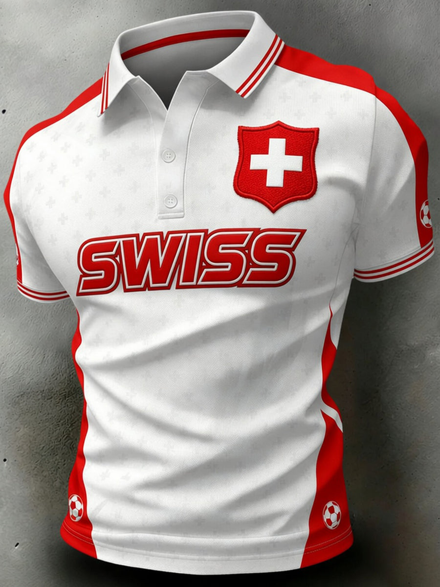 Herren-Poloshirt mit kurzen Ärmeln und Fußball-Print