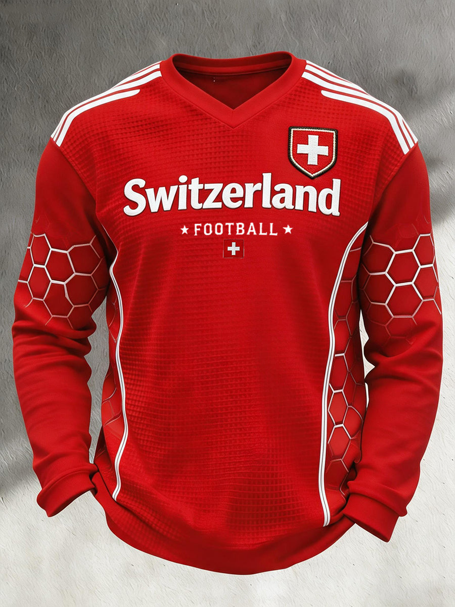 Herren-Top mit langen Ärmeln, Waffelstrickmuster und Football-Motiv-Print