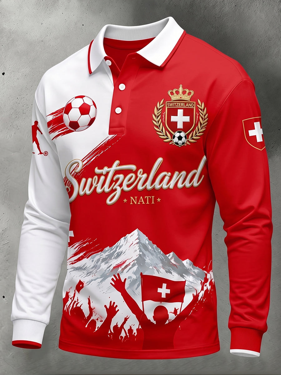 Herren-Poloshirt mit langen Ärmeln und Fußballmotiv