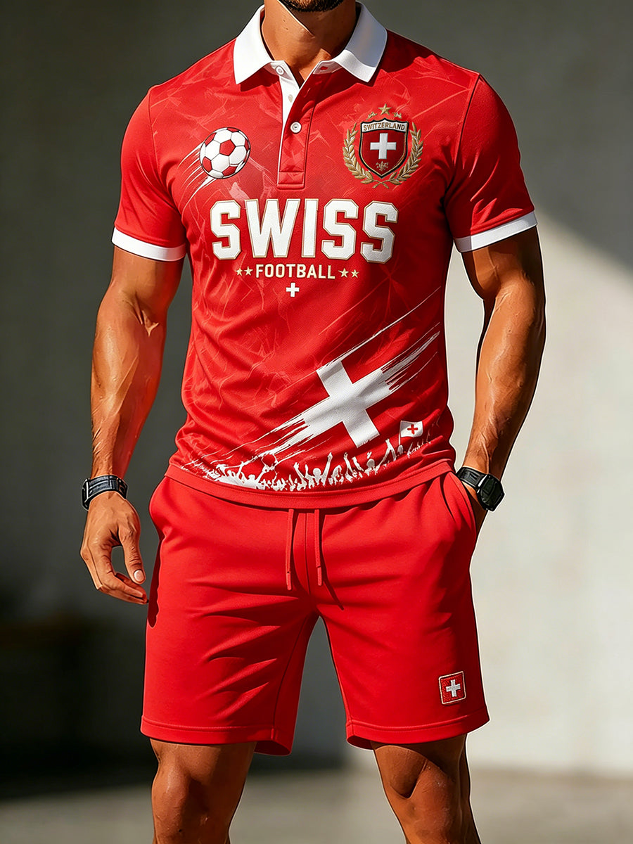 Herren-Poloshirt und Shorts-Set mit Fußballmotiv
