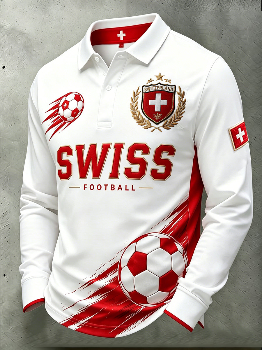 Herren-Poloshirt mit langen Ärmeln und Fußballmotiv