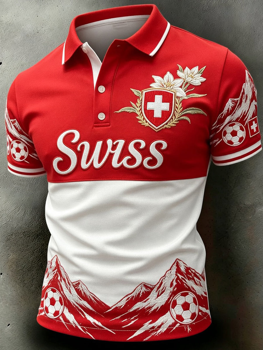 Herren-Retro-Poloshirt mit Schweizer Fußball-Fan‑Art-Print für den Alltag