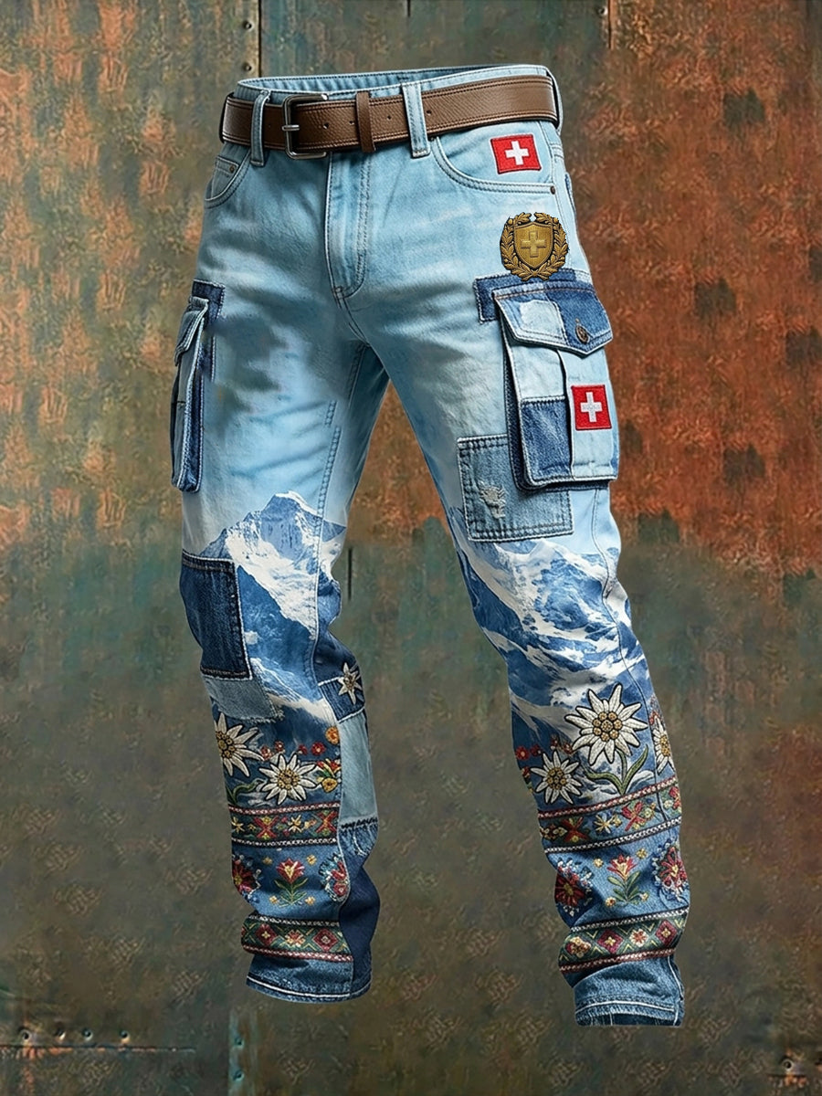 Herren-Cargohosen mit Landschafts- und Blumenmuster