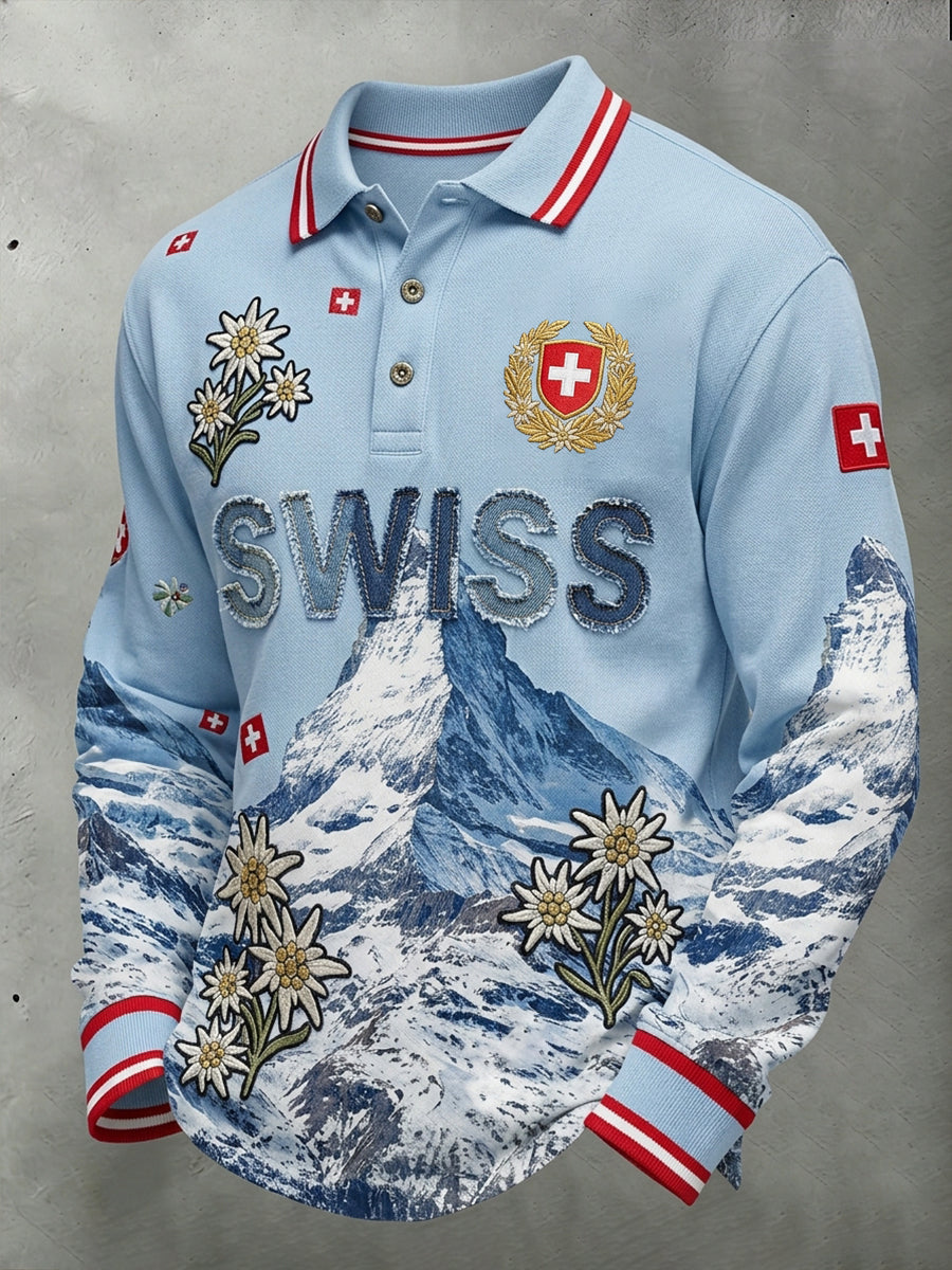 Herren-Poloshirt mit langen Ärmeln und Landschafts- sowie Blumenmuster