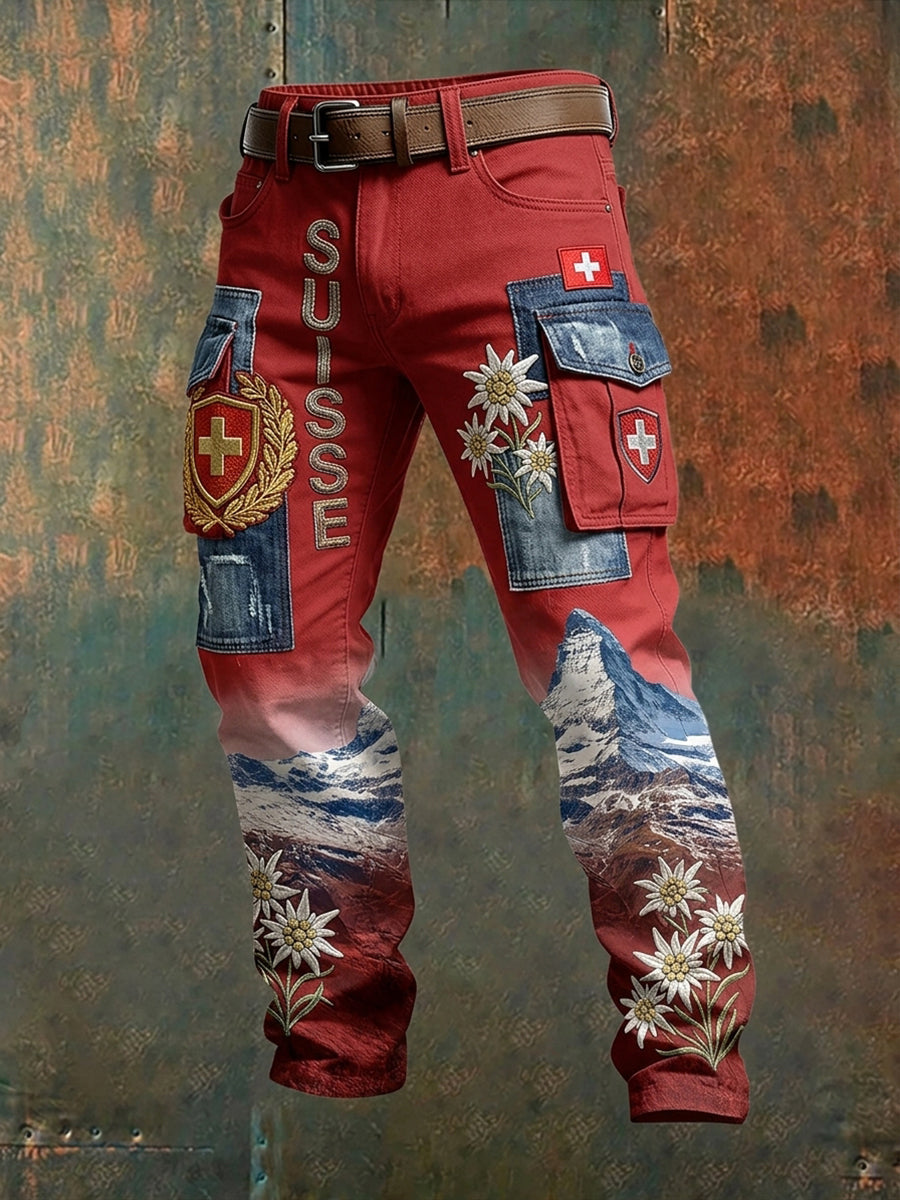 Herren-Cargohosen mit Landschafts- und Blumenmuster