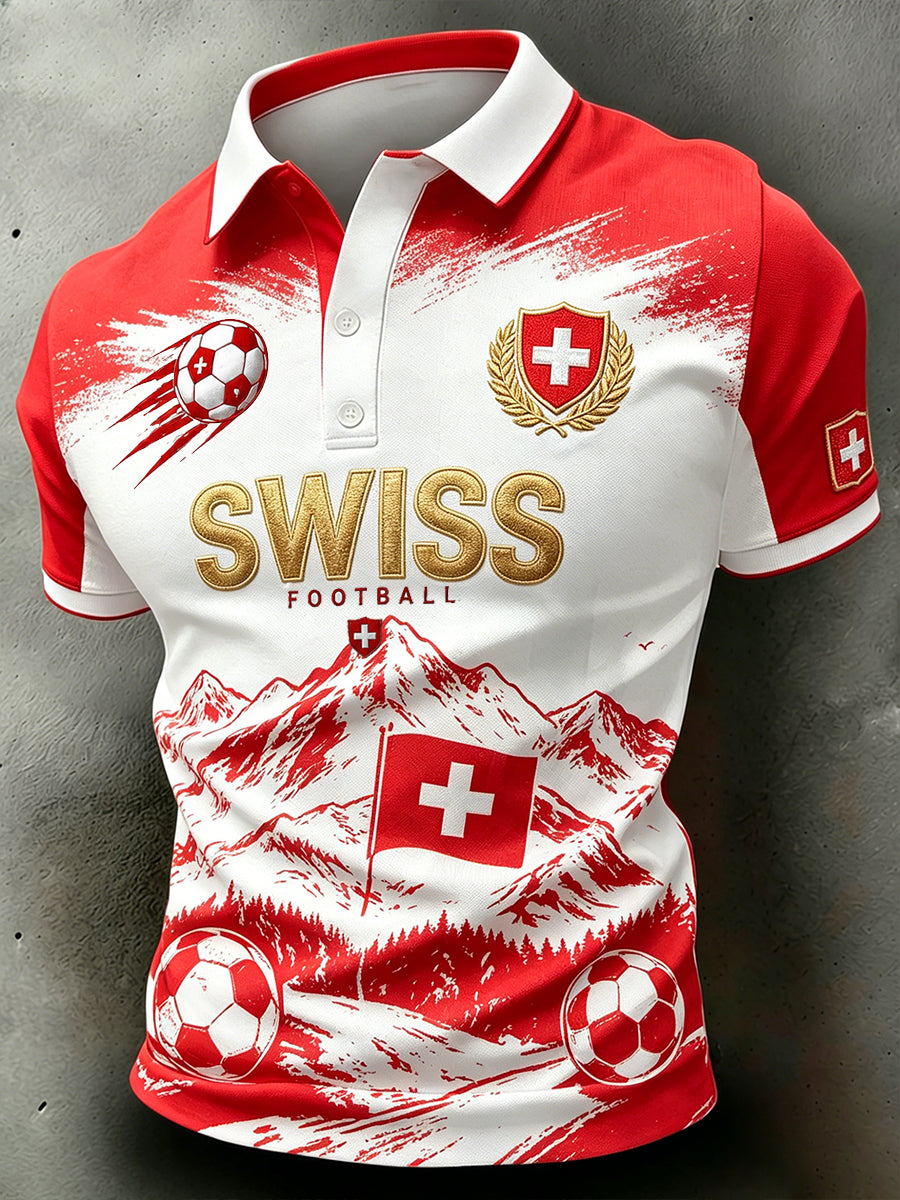 Herren-Poloshirt im Retro-Stil mit kurzen Ärmeln und kunstvollem Fußball-Print