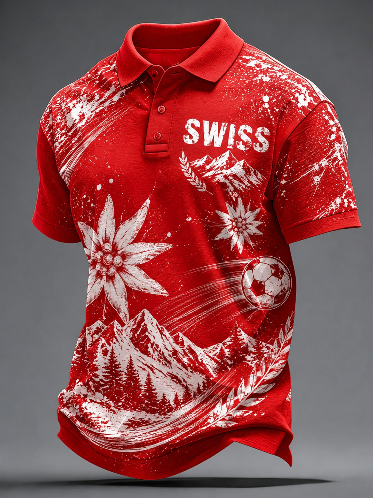 Künstlerischer Kunstdruck für Herren mit Schweizer Fußballmotiv – Poloshirt mit kurzen Ärmeln