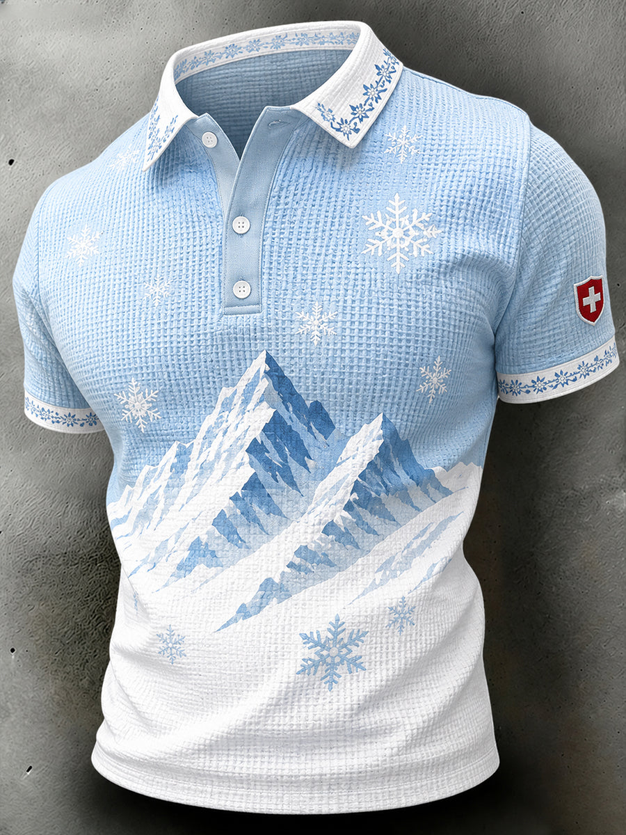 Herren-Poloshirt mit Schneberg-Print und waffelformiger Textur, kurzärmelig