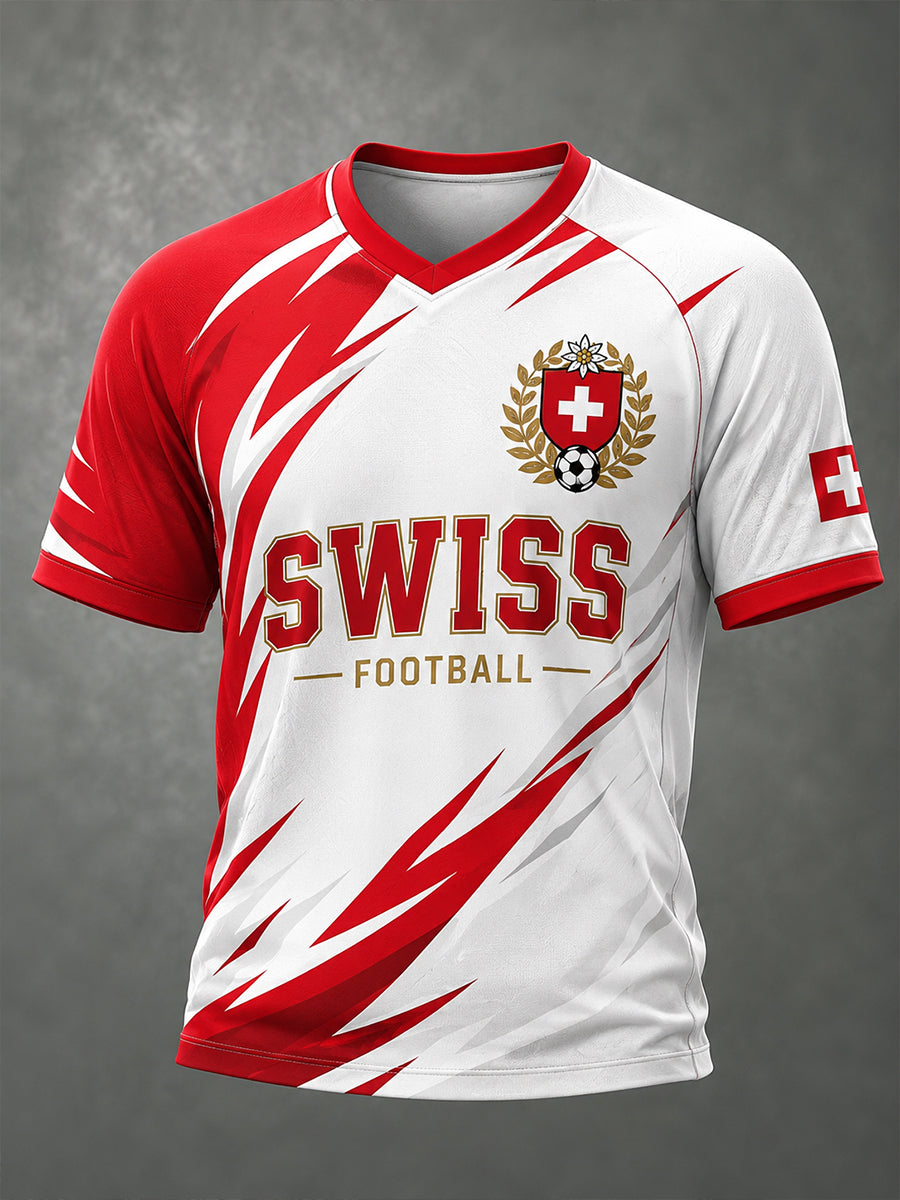 Herren-T-Shirt mit V-Ausschnitt und Fußballmotiv