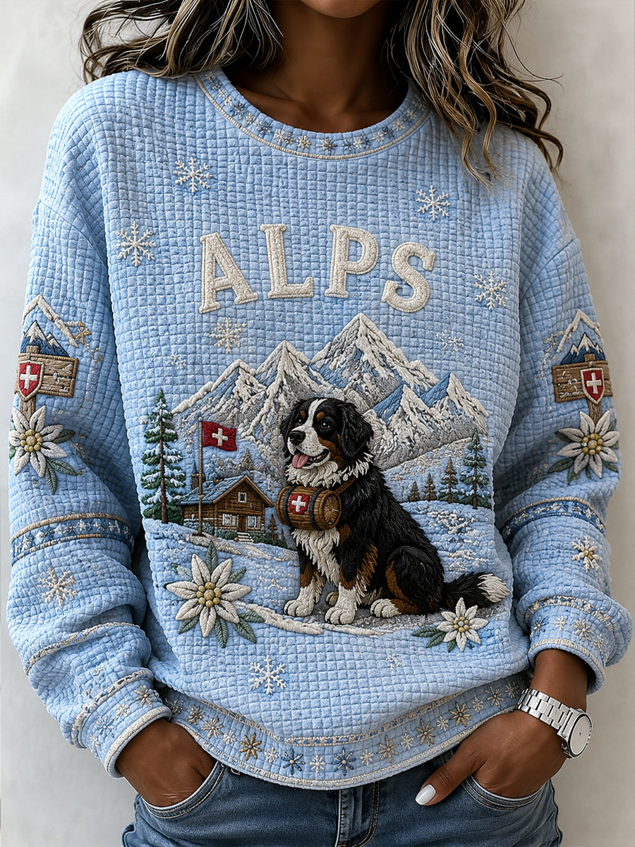 Damen-Sweatshirt aus Waffelpiqué mit Schneeberg-, Tier- und Blumenmuster